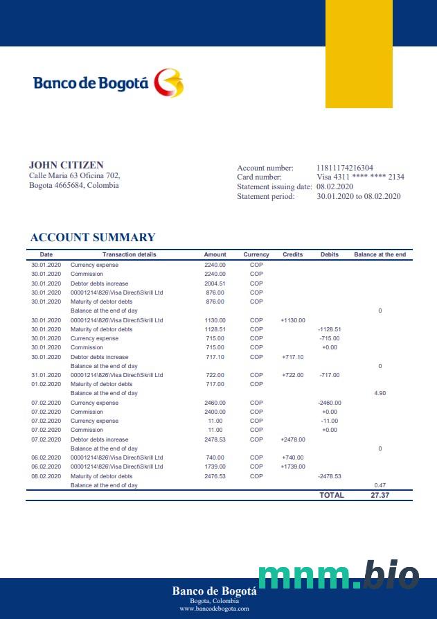 Colombia Banco de Bogotá szablon w formacie excel pdf